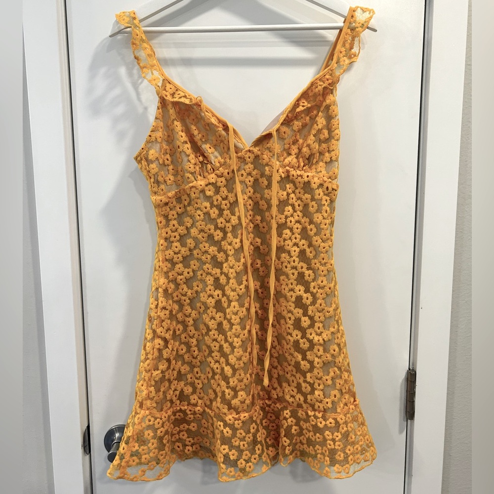 Spring floral sheer yellow mini dress open back